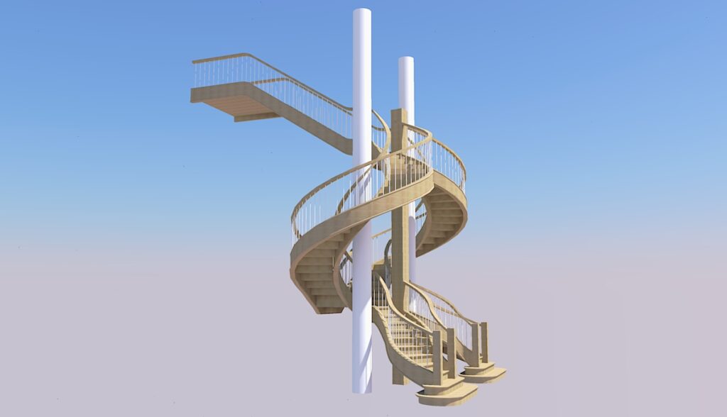 Rendu 3D d'un escalier à double revolution