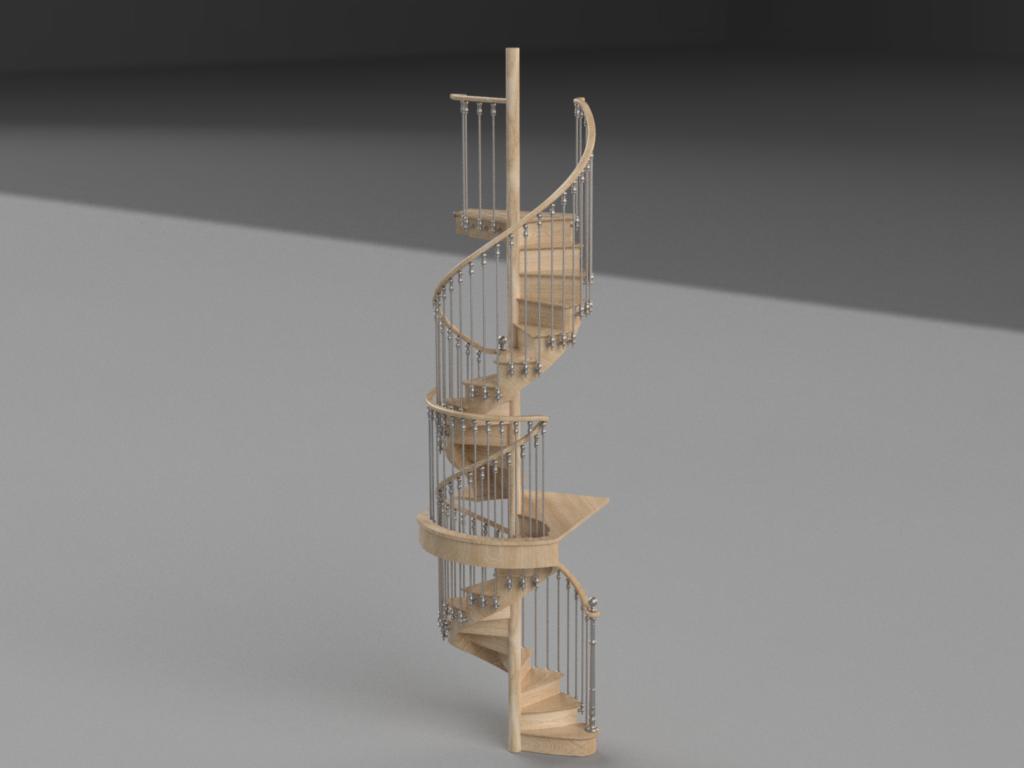 Rendu 3D d'une proposition d'un escalier débillardé dans un espace restreint